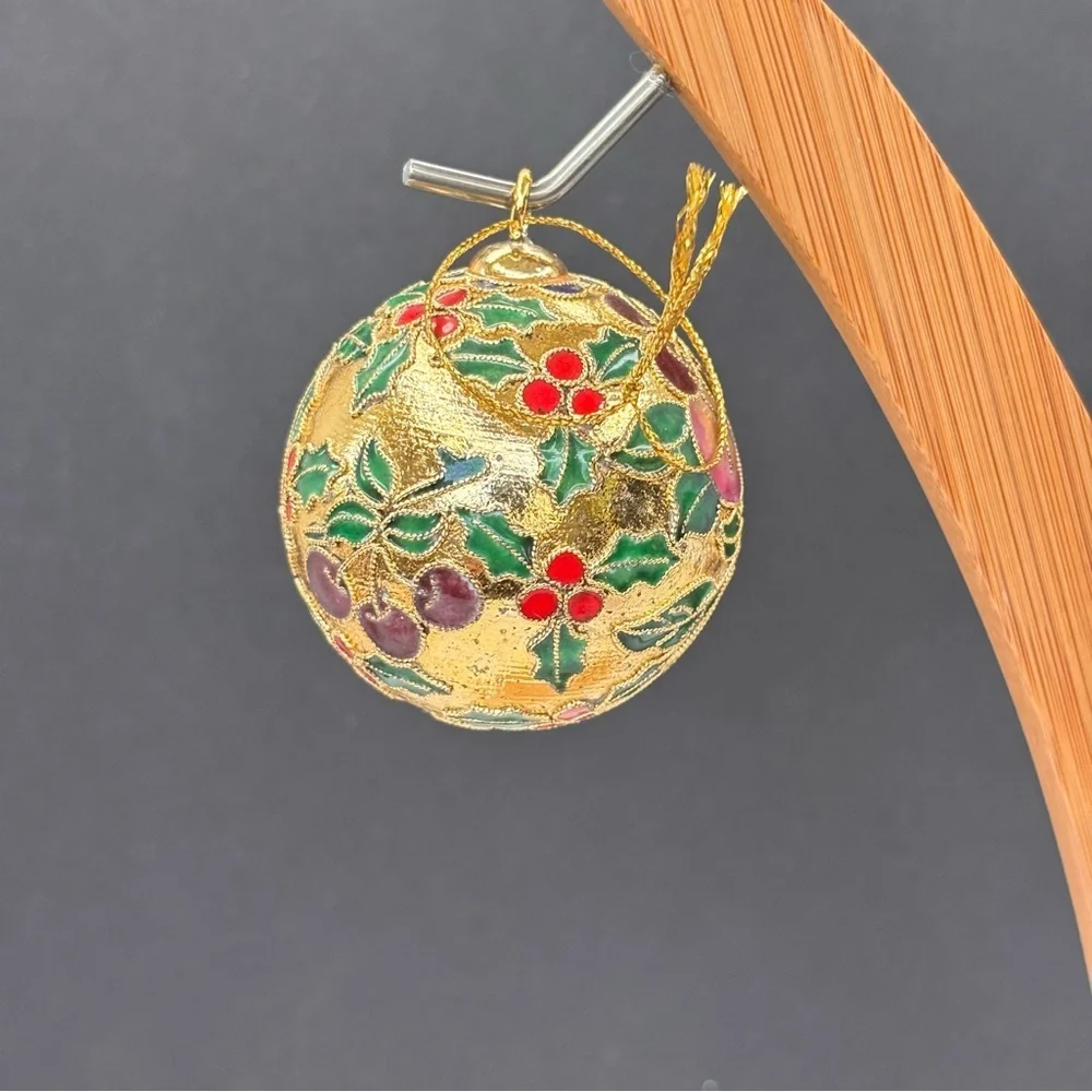 Vintage GANZ Cloisonné Metal Enamel Gold Christmas Ornament Floral Fruit 2 In